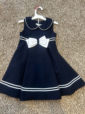 Bonnie Jean Navy and White Bow-Trim Peter Pan Collar Dress
